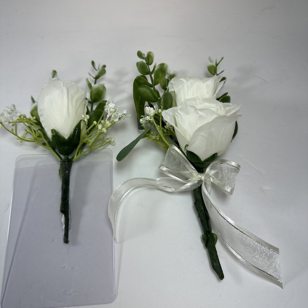 Corsage and Boutonniere Set Cream Ivory Roses Baby's Breath Greenery‎ Handmade